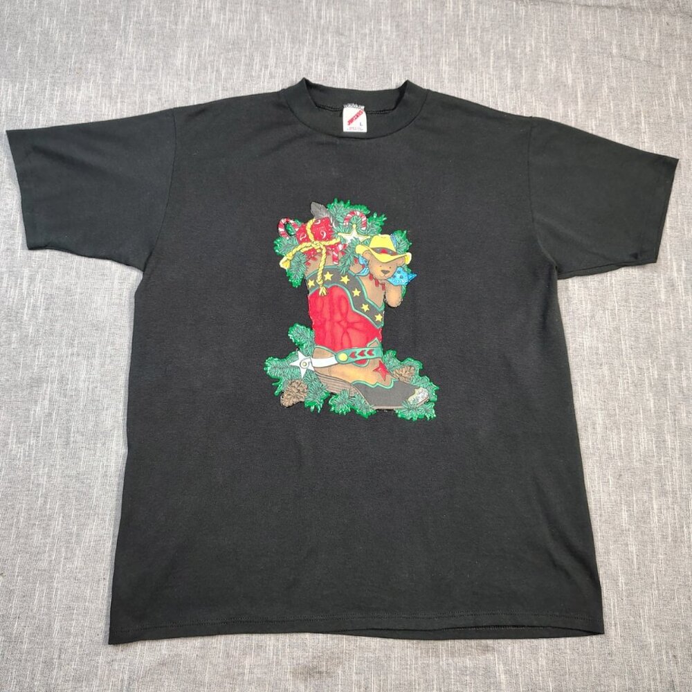 VINTAGE‎ 80s Christmas T-Shirt Size Large Jerzees Single Stitch Handmade Painted